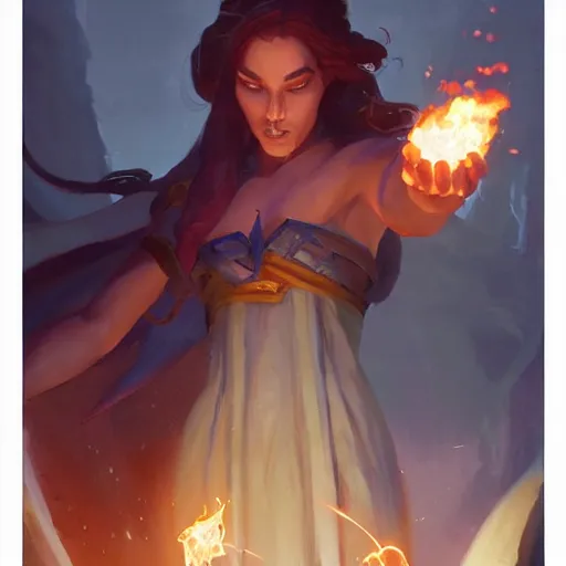 Image similar to The sorceress casting a fireball, colaboration of Hearthstone and Greg Rutkowski for Hearthstone