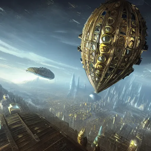 Image similar to enormous flying city in a faberge egg, sky, steampunk, fantasy art, masterpiece, hugh ferriss, unreal engine, peder balke