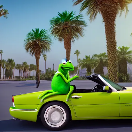 Image similar to side photo of a kermit the frog driving a mercedes in marrakech, morocco, palm trees, 8 k, octane render, hyperdetailed, illustration, digital painting, oil painting