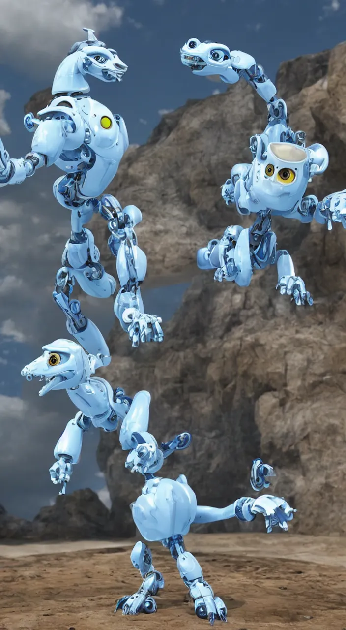 Image similar to a female white and blue robotic griffin, CGI, in the style of Pixar