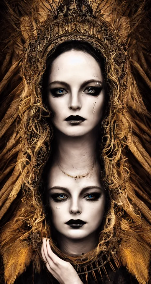 Image similar to a single faced portrait of the enchantress queen with a stunning timeless beauty, breathtaking eyes, perfect skin, feathered eyelashes, royal gothic dress with a lot of leather, heavy silent hill aesthetic, incredibly intricate, digital art, blender, houdini & photoshop, very elegant & complex, hyper-maximalist, overdetailed, epic cinematic quality, biblical art lighting, photorealistic, lifelike, OLED, DSLR HDR 8k, face is the focus, facial feature symmetry, hyper composed, created by Nixeu & z--ed from deviantart