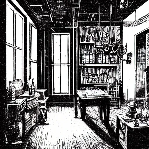 Image similar to dark shop interior illustration in style of mansion of madness by John Pacer