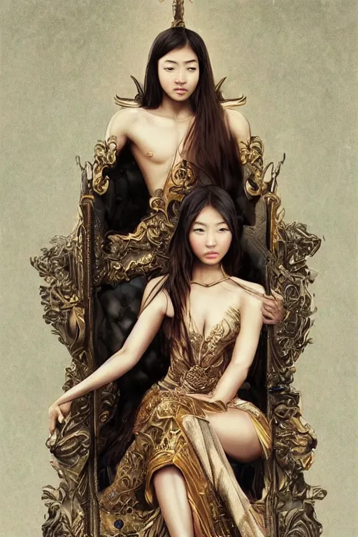 Image similar to a young asian woman with shoulder length hair and strong facial bone structure, queen and ruler of the universe, sitting on her throne, young handsome caucasian men kneeling at her feet, digital painting, highly detailed, intricate, elegant, trending on artstation, art by wlop