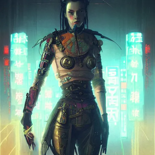 Image similar to cyberpunk samurai ,with techware , D&D, intricate, elegant, highly detailed, digital painting, japanese , altered carbon style,trending on artstation, concept art, illustration, art by Artgerm and Greg Rutkowski and Alphonse Mucha