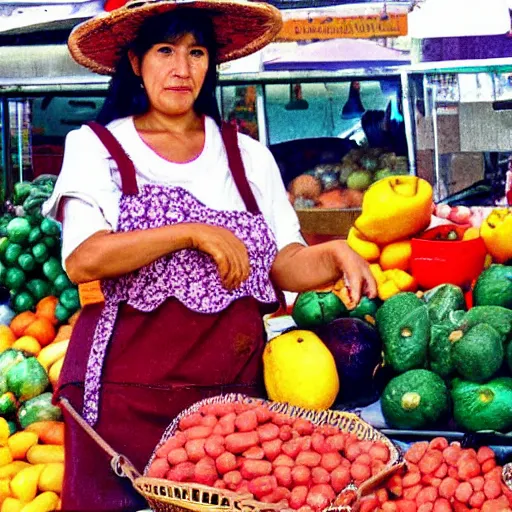 Image similar to Bolivian woman with apron and hat selling fruits in a Latin American market in anime style