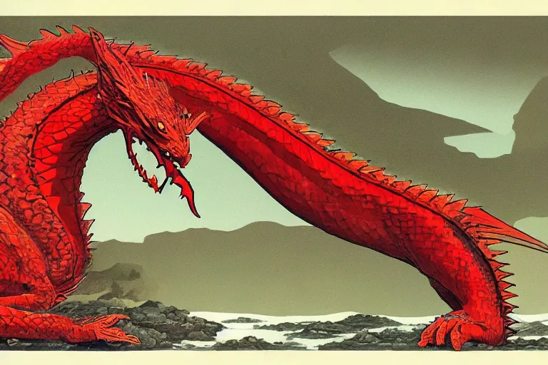 Prompt: red scaled dragon mascot for a fish restaurant by larry elmore and vincent di fate