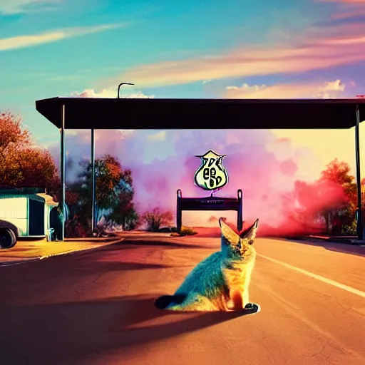 Image similar to a cute fluffy caracal in a sunset light landscape with historical route 6 6, lots of sparkling details and sun ray ’ s, blinding backlight, smoke, volumetric lighting, colorful, octane, 3 5 mm, abandoned gas station, beautiful epic colored reflections, very colorful heavenly, softlight