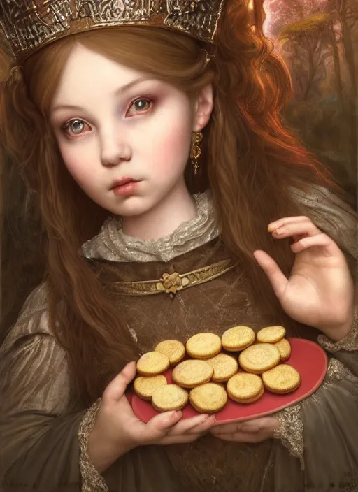 Image similar to highly detailed closeup portrait of a fairytale medieval princess eating cookies, unreal engine, nicoletta ceccoli, mark ryden, lostfish, earl norem, global illumination, god rays, detailed and intricate environment