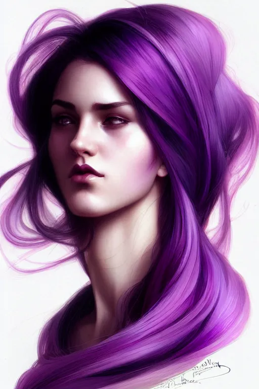 Prompt: Purple hair, creative colouring Portrait of woman face profile, fashion, coloured strands of hair, intricate, elegant, highly detailed, digital painting, artstation, concept art, smooth, sharp focus, illustration, art by artgerm and greg rutkowski and alphonse mucha