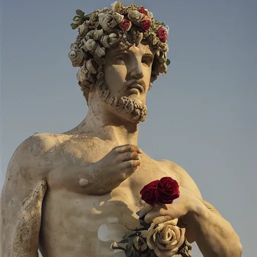 Image similar to a portrait of a greek statue covered in roses