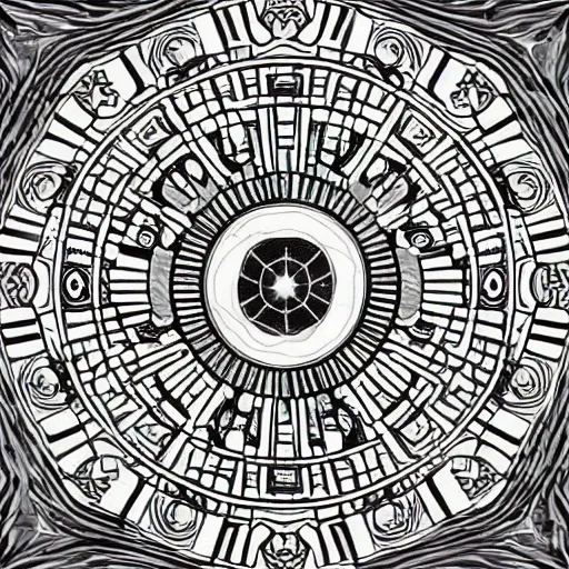 Image similar to art nouveau floor pattern, solar system, scifi inspired, thin lines, black and white