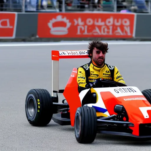 Prompt: formula 1 driver fernando alonso driving a bumper kart