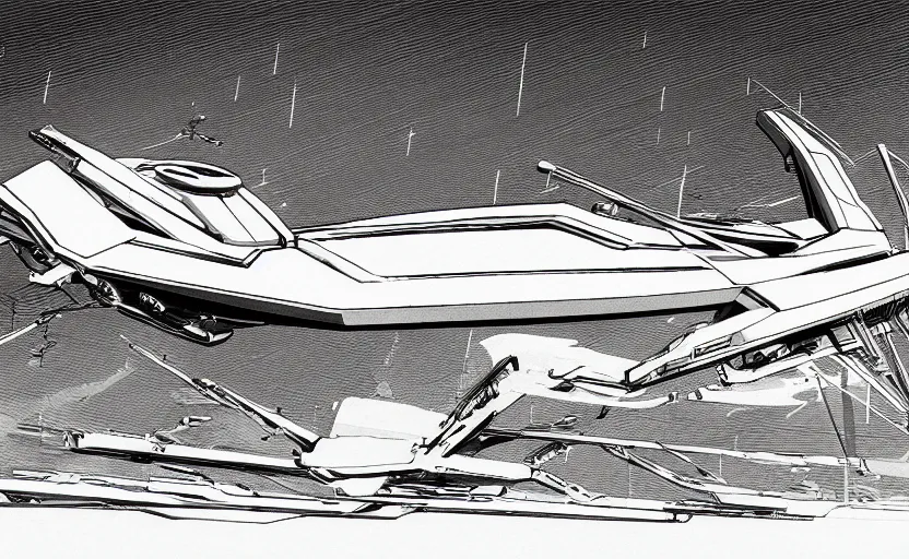 Image similar to A black and white sketch of a spaceship. sleek angular space cruiser. extremely coherent retro ship design. wires and mechanical parts. intricate detail. moebius. comic book ship design, spaceship. science fiction art.