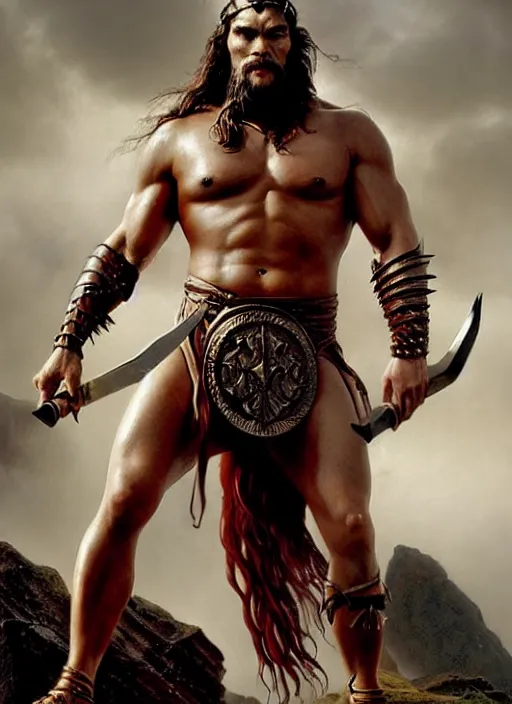 Image similar to beautiful portrait oil painting, jason momoa conan the barbarian thor standing on a rocky hill, wearing a warrior king crown and royal crimson fantasy ornate spartan dragon scale armor, wet skin and hair, muscular!!!, battle action pose, frank frazetta, boris vallejo, greg rutkowski, beautiful cinematic light, low angle, greg rutkowski, high contrast