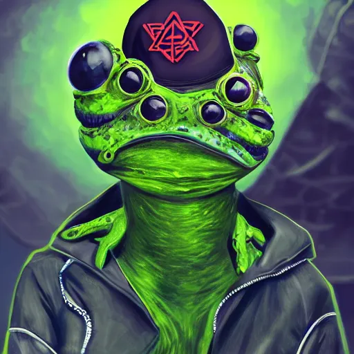 Image similar to Beautiful portrait digital painting, oil painting, anthro anthropomorphic frog androgynous , at a lake anarchist anarcho-punk Punk Punk outfit. furaffinity, artstation