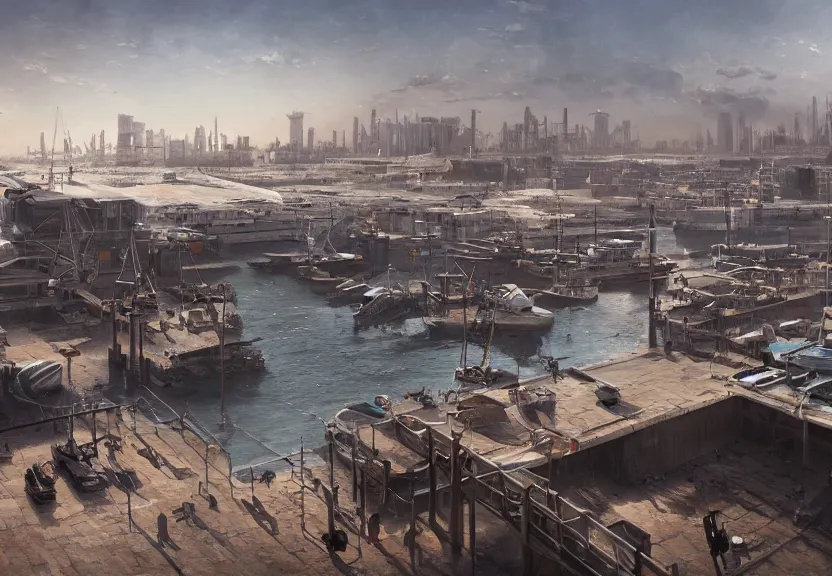 Image similar to a modern harbor with a concrete dock and a storage facility, summer season, very hot, dry desert, large sun in sky, architecture, a realistic digital painting by greg rutkowski and james gurney, trending on artstation, highly detailed