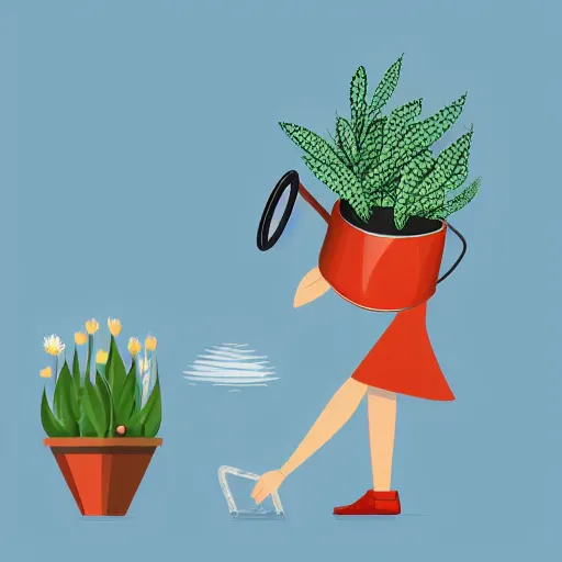 Image similar to a woman holding a watering can on top of a light blue flower that is on top of a plant pot, is dripping three drops of water from the watering can, flat design, flat colors, illustration