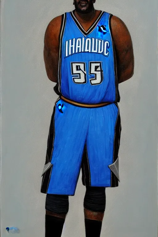 Image similar to full body portrait of shaquille o'neil as the dictator of the orlando magic, 1 8 8 9, in full military garb, magic blue, silver, and black,, oil on canvas by william sidney mount, trending on artstation