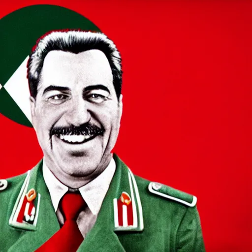 Image similar to hyper realist photograph of staline smiling and biting his lip seductively with the ussr flag behind him, close up, face picture, 4 k, very detailed