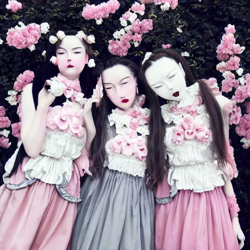 Image similar to renaissance, realistic, group of creepy young ladies pink cheeks wearing renaissance harajuku manga dress pale grey and white flowers, background chaotic flowers