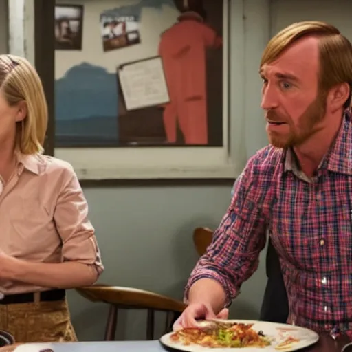 Image similar to Woody from Toy Story in Better Call Saul having dinner with Kim Wexler