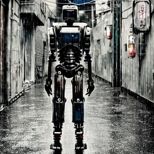 Prompt: an old robot with wheel legs gripping a katana with a badass pose. Rainy Grungy neon cyberpunk alleyways in the background Badass pose , Photo realistic , Gregory Crewdson , Award winning. Masterpiece, exquisite detail, post processing