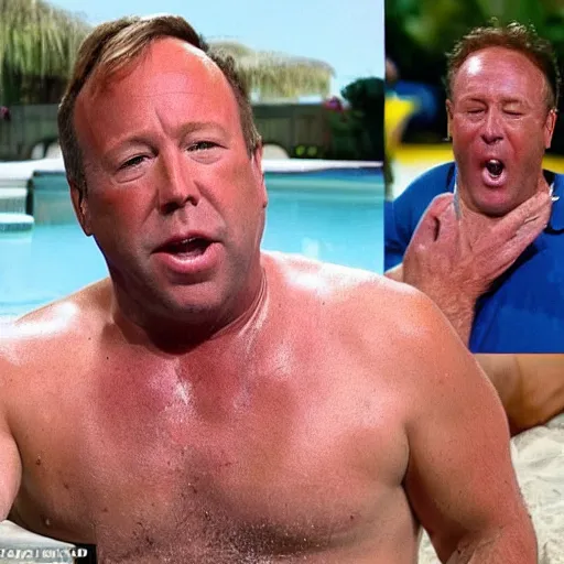 Prompt: alex jones shirtlesss completely slathered in ketchup, his facial expression looks orgasmic, he is rolling around in the dirt while old white men in polo shirts watch him excitedly pointing at him