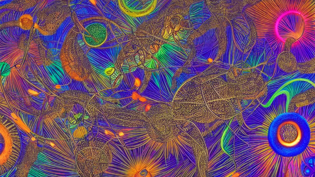 Image similar to quantum connections represented as symbiotic organisms like cells playing around with colorful lights by ernst haeckel, smooth, sharp, dark