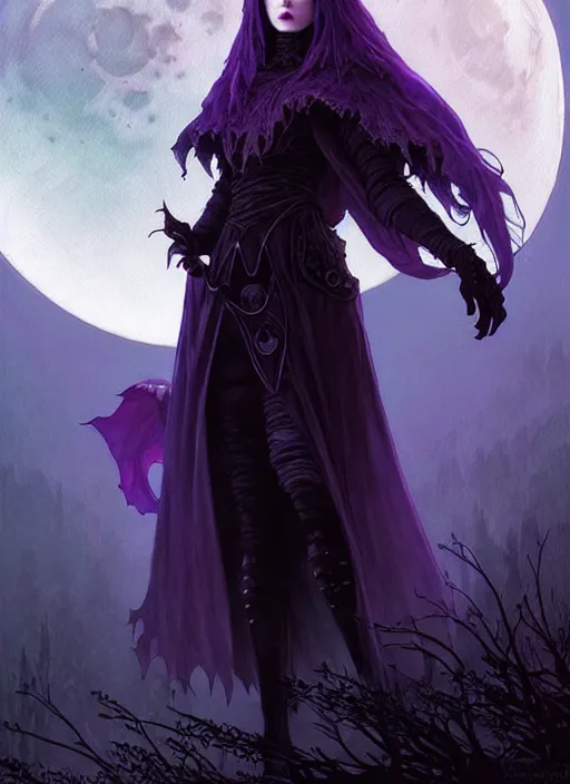Prompt: moon in the background!!!, full portrait dark witch, adventurer outfit large cloak, fantasy forest landscape, fantasy magic, short purple black fade hair, dark light night, intricate, elegant, sharp focus, illustration, highly detailed, digital painting, concept art, matte, art by wlop and artgerm and greg rutkowski and alphonse mucha, masterpiece