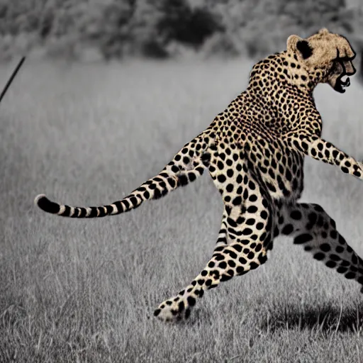 Image similar to a humanoid cheetah fighting in the vietnam war, 4 k, hyper realistic, dslr, landscape, high resolution