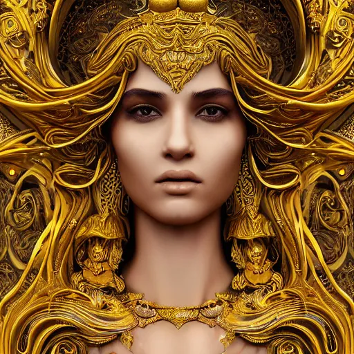 Prompt: goddess made of golden marble, beautiful face, hyper detailed, flowing psychadelic background intricate and detailed, ornate 8 k gorgeous intricate detailed, octane render