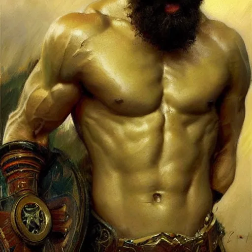 Image similar to young warrior marching toward the viewer, male, muscular, green eyes!!!!, straight nose!!!!!, beard, detailed face, thighs!!!!! gorgeous, amazing, muscular, intricate, highly detailed, painting by Gaston Bussiere, Craig Mullins
