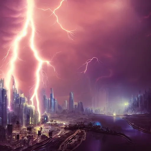 Image similar to a fantasy city with waterfalls gothic cyberpunk, cinematic lightning, clouds epic ultrawide