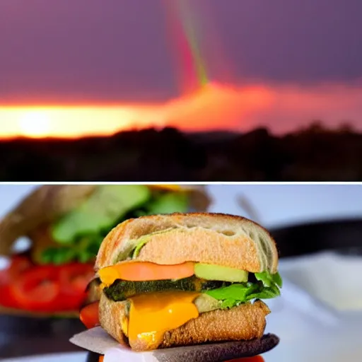 Image similar to sandwich with fried tofu, one tomato slice, one onion ring, avocado and melted cheddar, over a dish and over a table, with a sunset and rainbow in the background with saturn and stars in the sky