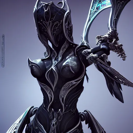 Image similar to highly detailed exquisite fanart, of a beautiful female warframe, but as an anthropomorphic robot dragon, matte black metal armor with white accents, close-up shot, a katana-like sword resting on her hip, epic cinematic shot, professional digital art, high end digital art, singular, realistic, captura, DeviantArt, artstation, Furaffinity, 8k HD render