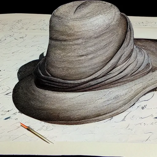 Prompt: a hat made out of parchment covered with calligraphy hyperrealistic photorealistic render 3 d detailed!!!