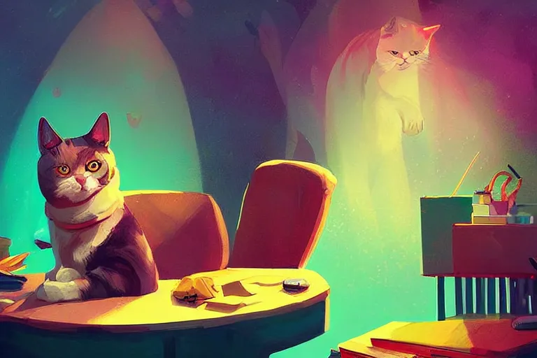 Image similar to a digital art of a godfather cat sitting by the desk, animal, light effect, highly detailed, by anton fadeev