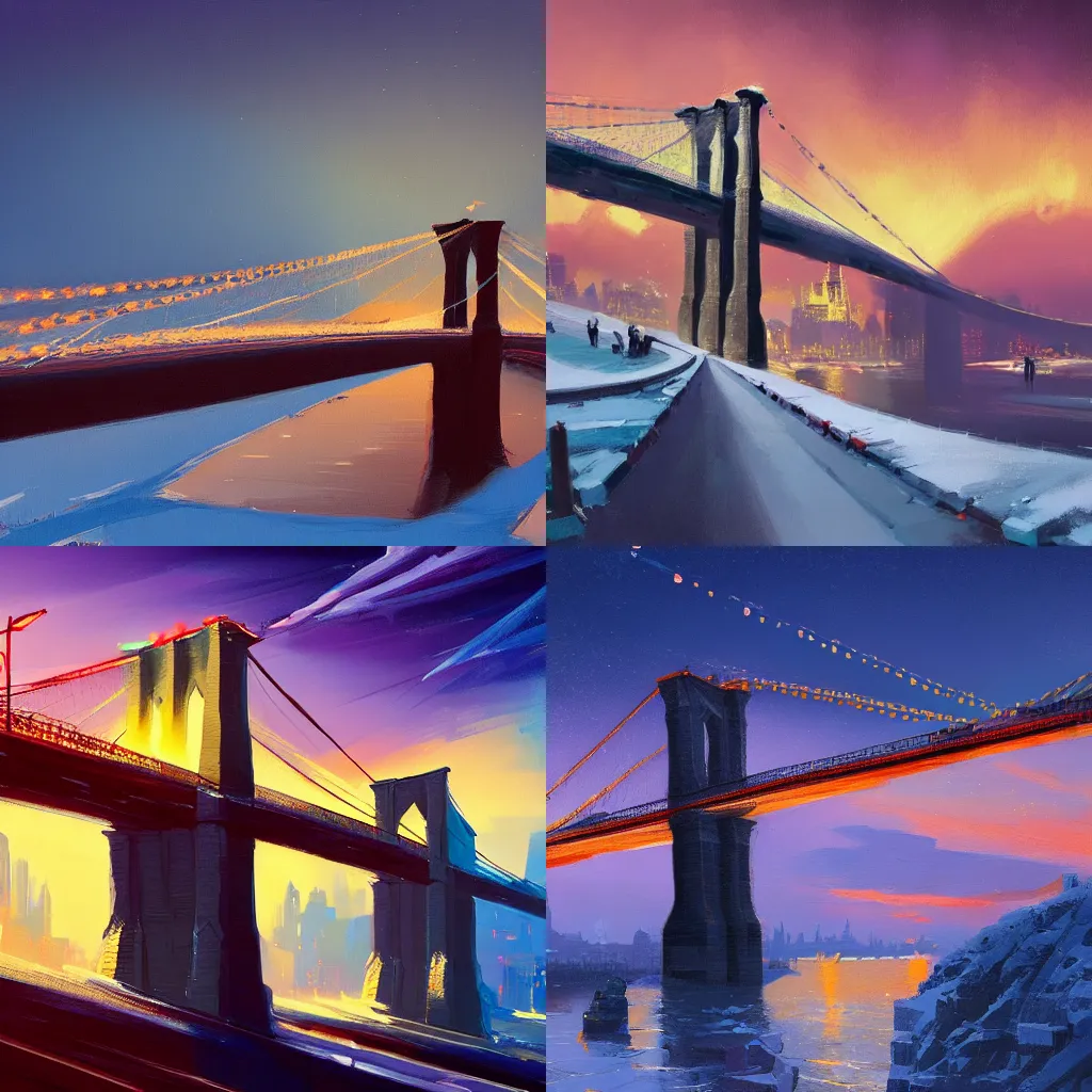 Prompt: a painting of the brooklyn bridge at sunset in the snow by anton fadeev, Ted Nasmuth, Jessica Rossier, Christian Dimitrov, and Greg Rutkowski trending on artstation