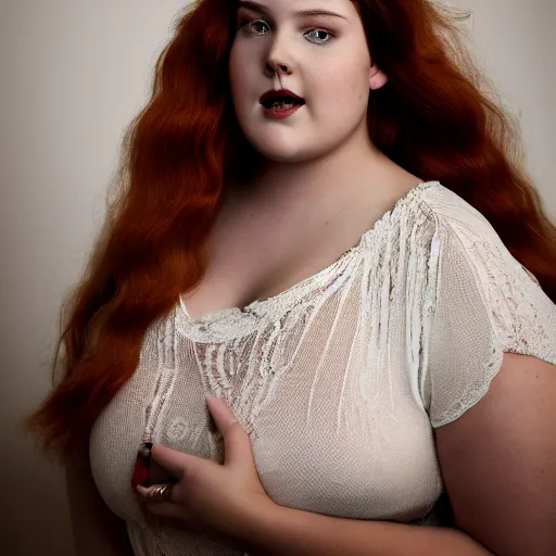 Prompt: brooke ashling, a curvy, radiant, bubbly, 2 5 - year - old canadian plus - size model, long strawberry - blond hair, creamy skin, portrait, 8 5 mm canon f 1. 2 lens, inspired by diane arbus photography, roger deakins cinematography