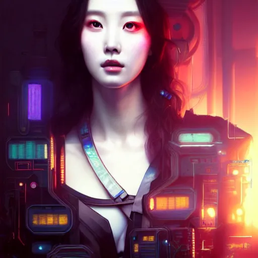 Image similar to portrait painting of sunmi as a cyberpunk technician, ultra realistic, concept art, intricate details, eerie, highly detailed, photorealistic, octane render, 8 k, unreal engine. art by artgerm and greg rutkowski and magali villeneuve and alphonse mucha