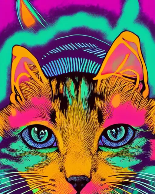 Image similar to symmetrical portrait of a cute kitten, acid psychedelic poster, in the color scheme of Landon Peters,