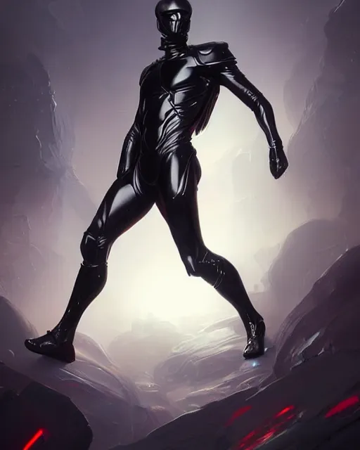 Image similar to iridescent sinewy smooth muscular male sleek glossy black pearlescent scifi armor with smooth black featureless helmet, by greg rutkowski, mark brookes, jim burns, tom bagshaw, magali villeneuve, trending on artstation