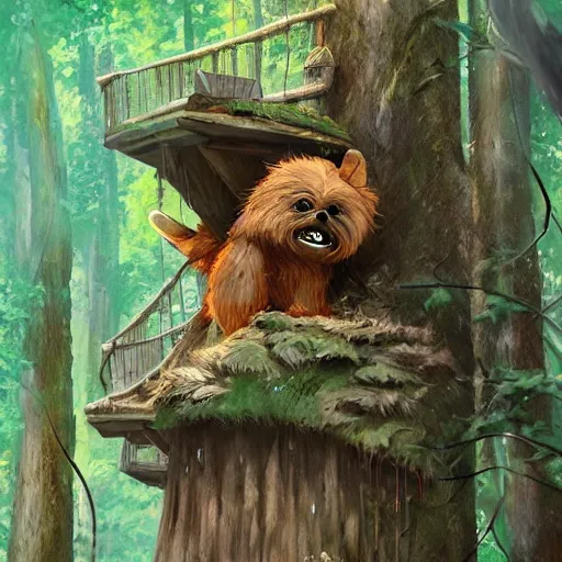 Image similar to adventurous ewok exploring the connected treehouses on top the tall wooded forest, artstation, colorful