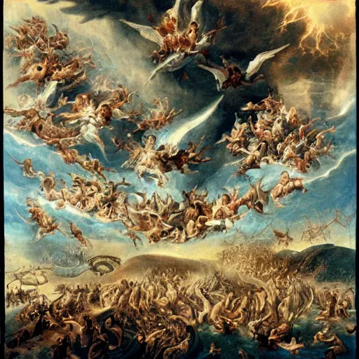 Prompt: thousands of rebel angels falling from heaven as meterorites, epic lighting, disaster clouds,