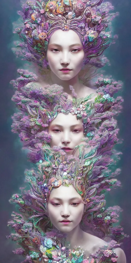 Image similar to breathtaking detailed concept art painting art deco portrait of gaea the goddess amalgamation flowers made of crystals, by hsiao - ron cheng, bizarre compositions, exquisite detail, extremely moody lighting, 8 k