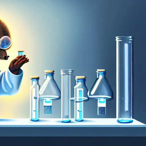 Image similar to mouse in a lab coat performing a chemistry experiment, in a cluttered lab, lots of beakers, illustration, cyberpunk, sci - fi fantasy, intricate, elegant, highly detailed, digital painting, artstation, concept art