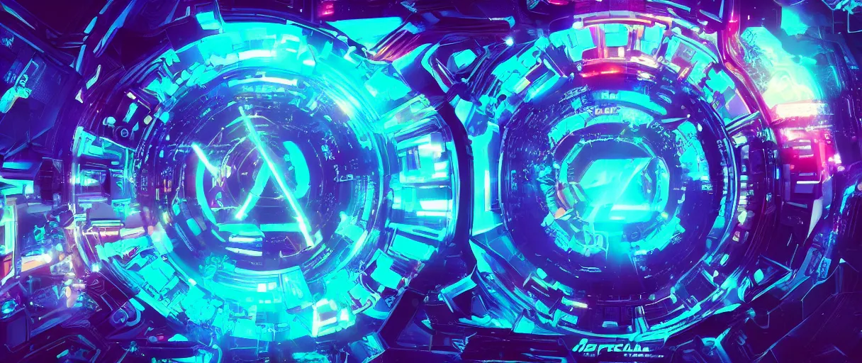 Image similar to cyberpunk holographic logo, futuristic, in the style of Pixar animation, low angle view, 16mm lens, award winning, hyper detailed, dramatic lighting, artstation, octane renderer, unreal engine