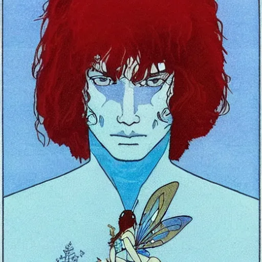 Prompt: long dark hair man with light blue eyes and scars, flying with his blue spren fairy called syl by Moebius,