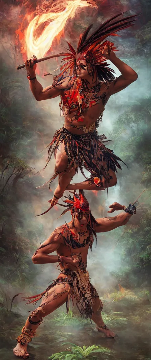 Prompt: young man, flaming hair, indigenous body paint and clothing, Amazon rainforest background, crescent moon, night, angry, red eyebrows, action pose, holding spear, in the style of Fenghua Zing and Ruan Jia and Jeremy Looking and Peter Mohrbacher