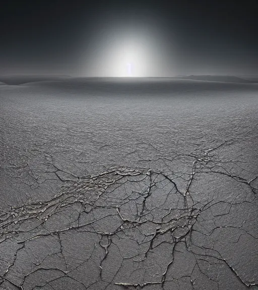 Prompt: surreal theory of elysian unfinished tilted tower made of crystalized power, aerial iridecent veins, moonbow, inverted white massive roots of sand in the floor, in the desert, foggy sky, dark starry night, octane render, unreal engine, pale colors, high detail, 8 k, wide angle, trending on artstation, behance